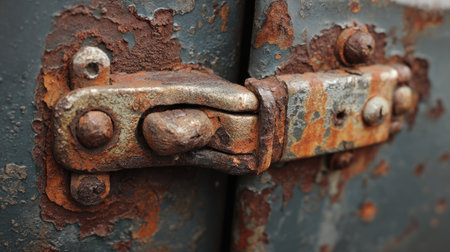 This close-up image captures the intricate details of a rusty metal hinge, showcasing the beauty of decay and vintage industrial design. The textures and colors tell a story of age and weathering.の素材