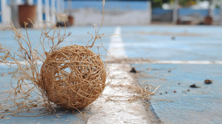 This image captures a solitary dry straw ball resting on a blue surface of an empty sports court, evoking feelings of stillness and simplicity.の素材