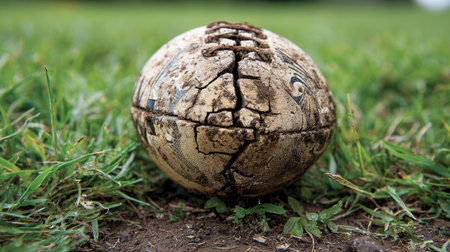 A weathered leather ball rests on the ground, showcasing cracks and dirt while surrounded by vibrant grass, highlighting the passage of time and nature's beauty.の素材
