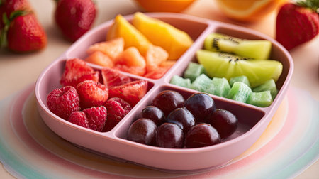 This vibrant fruit platter showcases a delightful assortment of fresh strawberries, raspberries, melons, kiwi, and grapes, perfect for healthy snacking.の素材