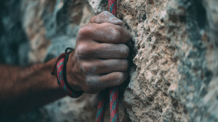 A climber's hand firmly grips a rocky surface, covered in chalk, embodying the drive and spirit of adventure. Ideal for sports and activity themes.の素材
