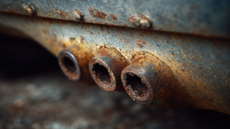 Close-up view of rusty exhaust pipes from an abandoned vehicle, showcasing the intricate details of decay and corrosion in a forgotten setting.の素材