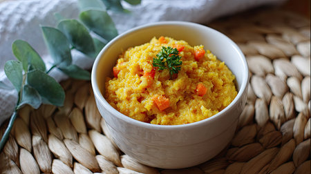 A vibrant and creamy cornmeal dish featuring colorful vegetables, served in a simple white bowl on a natural woven mat, perfect for any meal.の素材