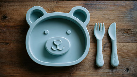 This adorable bear-shaped plate with matching fork and knife creates a joyful mealtime experience for children, encouraging independent eating habits.の素材