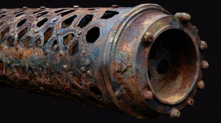This close-up image showcases a rusty metallic pipe characterized by corroded surfaces and intricate textures. The worn-out colors and holes create a captivating visual for industrial-themed projects.の素材