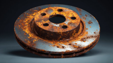 A highly detailed image of a rusty brake rotor showcasing textures of corrosion and decay, set against a dark background, highlighting industrial elements.の素材