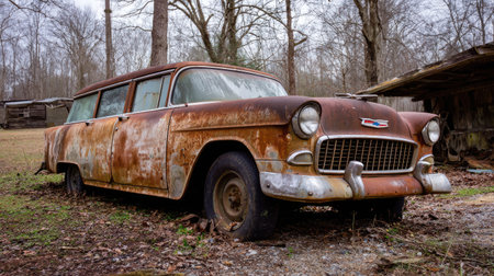 This photograph features a vintage Chevrolet station wagon abandoned in a rural setting, showcasing the beauty of decay and nostalgia.の素材