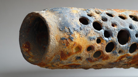 A detailed close-up of a weathered metal pipe showcasing rust and corrosion. The surface features distinctive holes and a striking texture, ideal for industrial themes.の素材