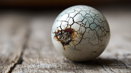 A closeup of a cracked decorative sphere showcasing intricate textures and rustic charm. Ideal for art, design, and home decor themes.の素材