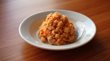 A delectable rice pudding featuring a soft and creamy texture with a hint of sweetness, beautifully presented in a white bowl on a wooden table.の素材