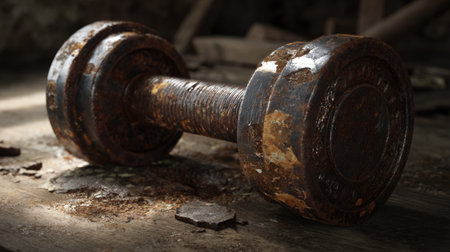 This image features a vintage rusty dumbbell resting on a dusty wooden surface, capturing the essence of abandoned fitness equipment in a dimly lit environment.の素材