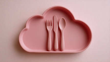 This charming pink cloud-shaped plate features a fork, spoon, and knife perfectly designed for children's mealtime, enhancing playful dining experiences.の素材