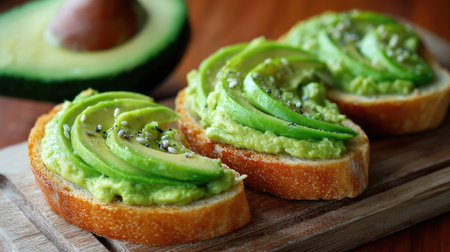 This image features beautifully toasted bread slices topped with creamy avocado spread and fresh avocado slices, perfect for a healthy meal.の素材
