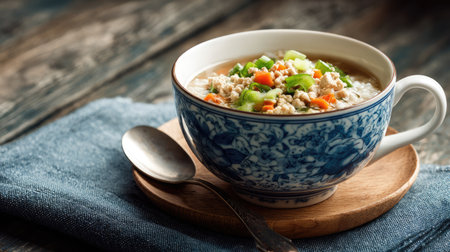 A comforting bowl of homemade soup filled with fresh vegetables, served in a beautifully patterned blue bowl on a wooden tray, perfect for any meal.の素材