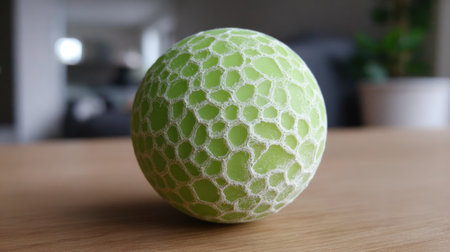 This striking close-up image features a green textured sphere with a hexagon pattern, beautifully set against a wooden surface in a modern interior, emphasizing simplicity and design.の素材