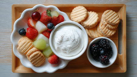 A beautifully arranged platter featuring fresh fruit like strawberries, blueberries, and melon, paired with creamy dip and gourmet cookies, perfect for any occasion.の素材