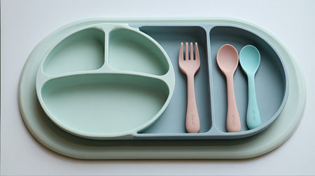 This image showcases a stylish baby meal set featuring a divided plate and colorful utensils, perfect for making mealtime fun and engaging for infants.の素材