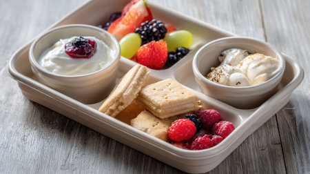 A visually appealing breakfast platter displaying creamy yogurt, a variety of fresh fruits, and delicious cookies on a rustic wooden table setting.の素材