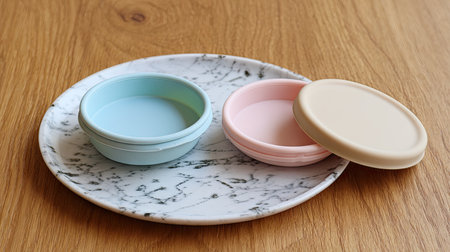 This image features vibrant food storage containers in pastel hues placed on a stylish marble plate, highlighting a neat kitchen setup for meal prep.の素材