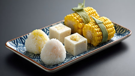 A vibrant arrangement of traditional Japanese sweets and fresh corn, presented on a decorative plate, showcasing culinary artistry and texture.の素材