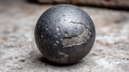 This image features a rustic black sphere with a textured surface, resting on a distressed stone background. The interplay of light and shadow enhances its artistic appeal.の素材