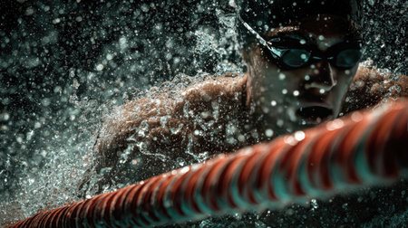 A fierce swimmer exudes determination and speed as water splashes around during a competitive race, showcasing athletic skill and focus in motion.の素材
