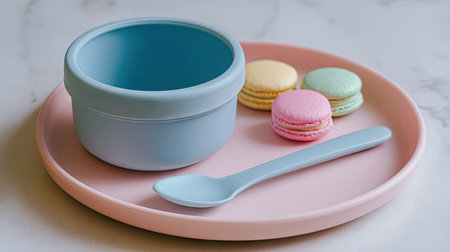 This image features a stylish bowl and a spoon on a pastel pink plate, accompanied by colorful macarons, showcasing a modern dessert presentation.の素材