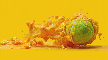 A vibrant and dynamic scene depicting a tennis ball splashing vibrant yellow liquid, showcasing movement and energy in a playful and artistic manner.の素材