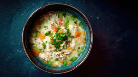 A bowl of comforting chicken soup filled with colorful vegetables and garnished with fresh herbs, perfect for a cozy meal or nourishing lunch.の素材
