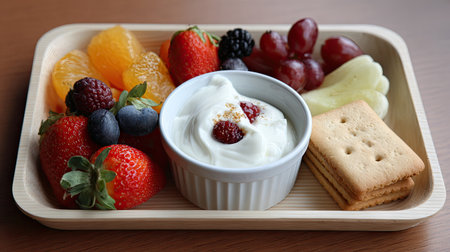 A beautifully arranged dessert platter featuring fresh fruits, creamy yogurt, and crunchy cookies, perfect for a healthy snack or light meal.の素材