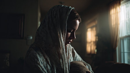 A woman wearing a headscarf sits in a soft-lit indoor space, capturing a moment of tranquil reflection and beauty, evoking feelings of peace and warmth.の素材