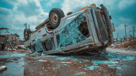 This captivating stock photo captures an overturned vehicle surrounded by shattered glass in a junkyard, under a dramatic cloudy sky, showcasing urban decay and neglect.の素材