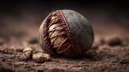 An artistic close-up of a vintage cricket ball resting on a rustic ground, showcasing its unique textures, leather stitching, and natural surroundings.の素材
