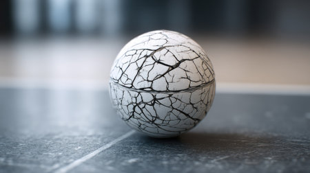 A visually striking cracked white sphere rests on a smooth floor surface, showcasing intricate patterns that add a touch of modern elegance to any space.の素材