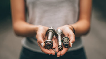 This image features a close-up view of hands holding various sizes of metal mechanical parts, ideal for representing engineering and manufacturing contexts.の素材