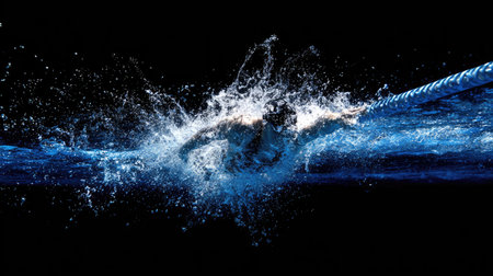 A dynamic swimmer captures the essence of athleticism, creating a stunning splash in dark waters during intense competition. Energy and speed come alive.の素材