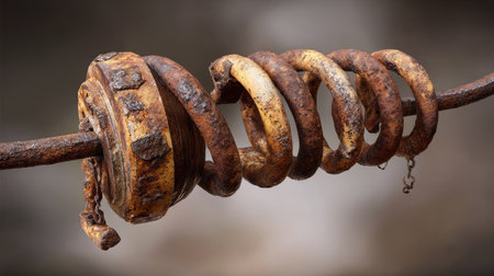 A close-up view of a rusty metal spring mounted on a rod, showcasing intricate textures and weathered details, perfect for industrial-themed projects.の素材