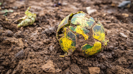 A weathered soccer ball lies on the ground, covered in dirt and debris, reflecting the playful moments of childhood and the passage of time in nature.の素材