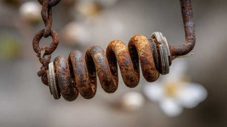A close-up view of a rusted metal spring, highlighting its intricate texture and decay against a soft, blurred natural background, featuring floral accents.の素材