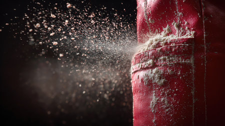 This striking image captures the explosive moment of dust and particles being released from a red boxing bag, highlighting the energy and intensity of a training session.の素材