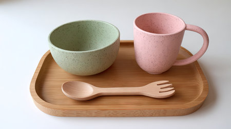 Vibrant eco-friendly tableware set featuring a green bowl, pink cup, and wooden spoon arranged on a stylish wooden tray, perfect for modern dining.の素材