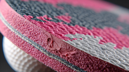 This close-up image captures a detailed view of a table tennis paddle showcasing its textured surface and worn edges, perfect for sports enthusiasts.の素材