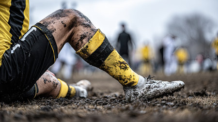 A soccer player sits in mud on a field, showcasing dedication to the game amidst challenging weather, highlighting the gritty side of sports.の素材
