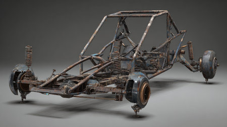 This image showcases a rusty and abandoned car frame, highlighting the intricate details of its exposed parts. The dark background emphasizes the worn condition and unique character of the vehicle's structure.の素材