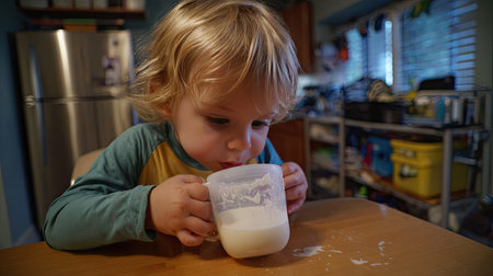 A young child is intently sipping from a cup of milk at a kitchen table, surrounded by a bright indoor environment, showcasing the joy of childhood.の素材