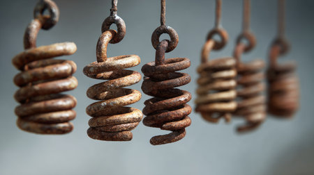 A close-up image of rusty metal springs hanging in a row, showcasing a range of textures and shades, highlighted by a softly blurred background.の素材