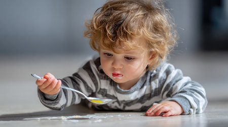 A charming toddler with curly hair sits on the floor, thoughtfully exploring a meal with a spoon, embodying the joy and curiosity of early childhood.の素材