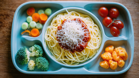 A vibrant plate of spaghetti topped with marinara sauce, served alongside fresh broccoli, colorful carrots, and juicy cherry tomatoes, perfect for a meal.の素材