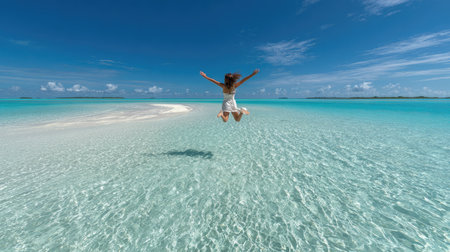 A lively woman jumps joyfully in the crystal-clear turquoise waters of a tropical beach. The scene captures a vibrant sky, white sand, and a sense of freedom.の素材