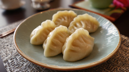 A delightful plate of steamed dumplings presented on a blue dish, showcasing the artistry of Asian cuisine in a cozy restaurant setting. Perfect for food lovers.の素材